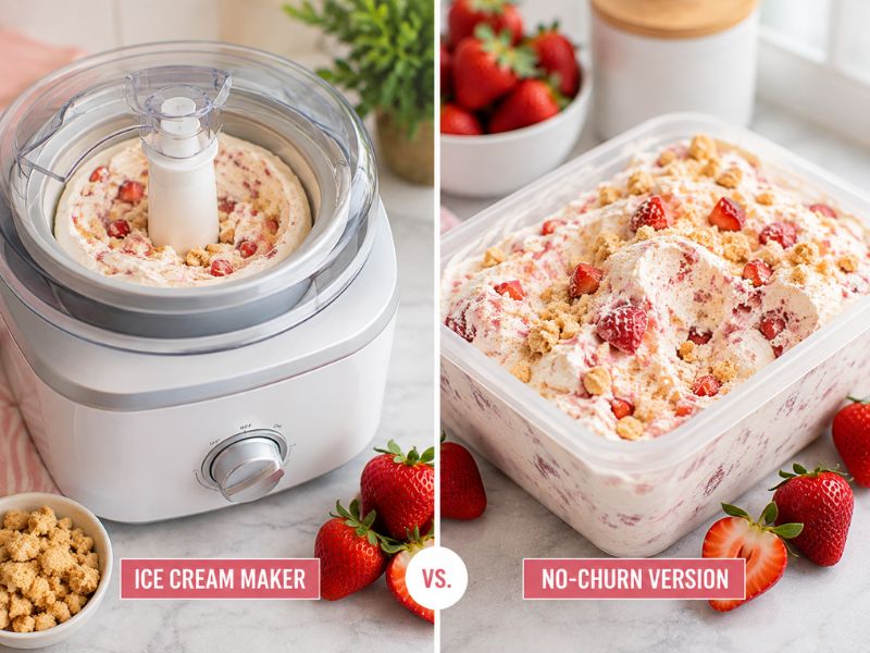 No churn strawberry shortcake ice cream in freezer container