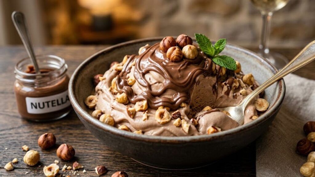 Creamy homemade Nutella ice cream with chocolate hazelnut drizzle