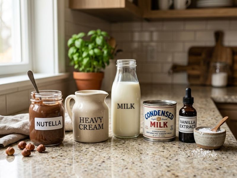 Ingredients for homemade Nutella ice cream recipe