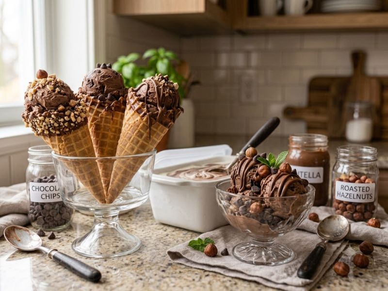 Serving creamy Nutella ice cream with chocolate and hazelnuts