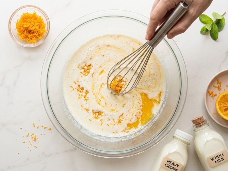mixing the creamy orange ice cream base