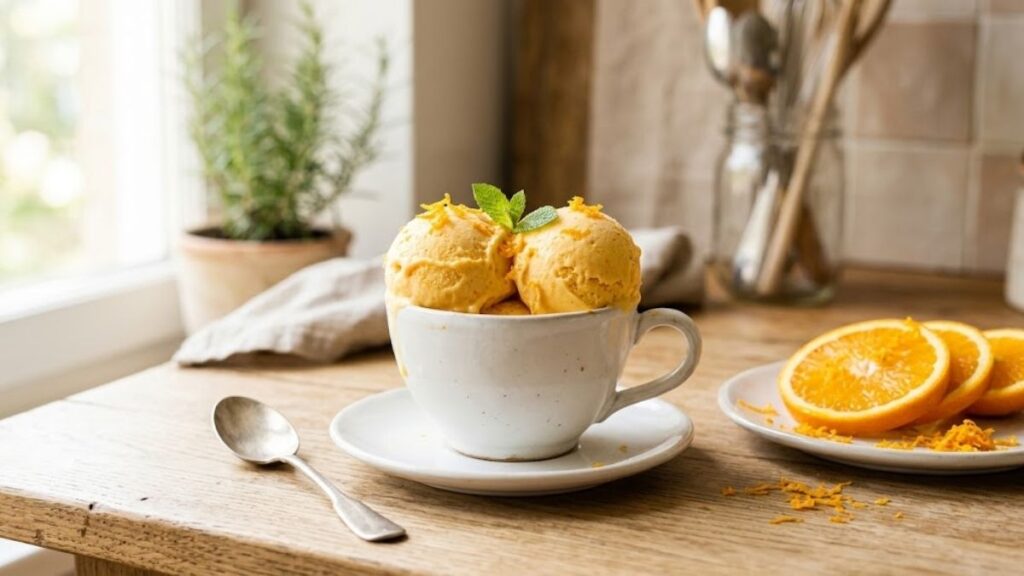 homemade orange ice cream with fresh orange slices