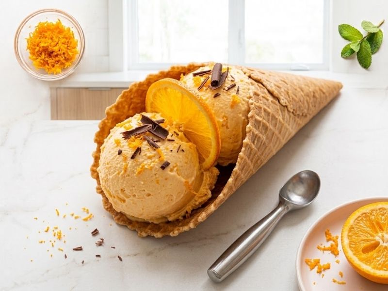 orange ice cream served in a waffle cone with orange garnish