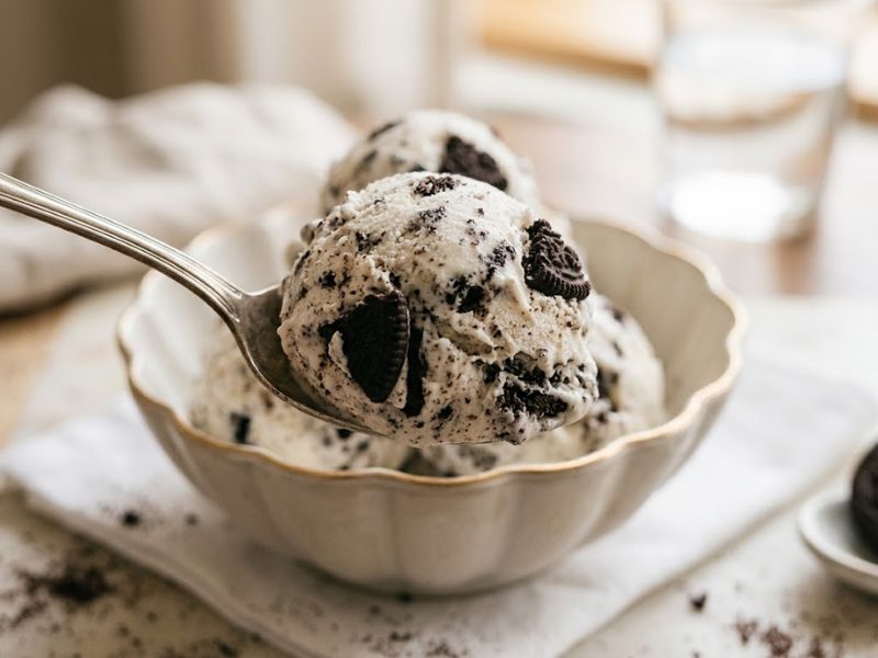 creamy Oreo ice cream with cookie pieces