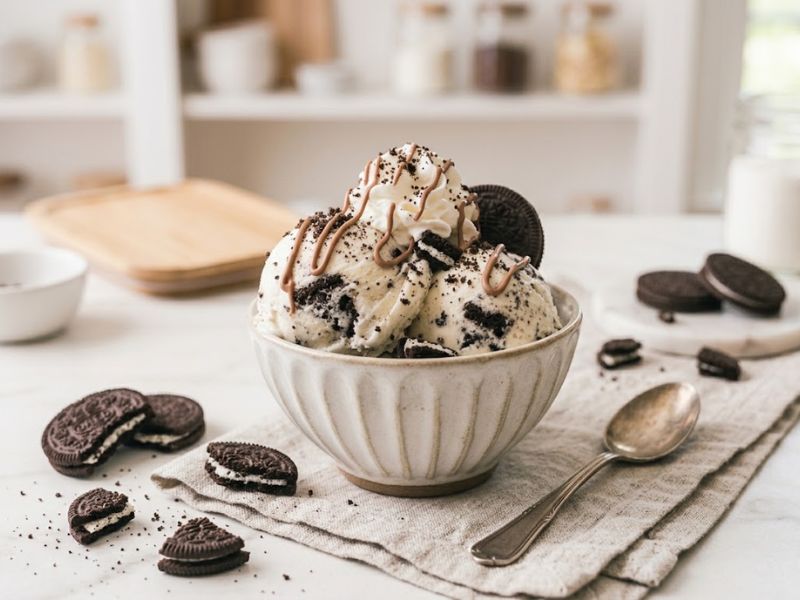 Oreo ice cream served with cookie crumbs and chocolate sauce