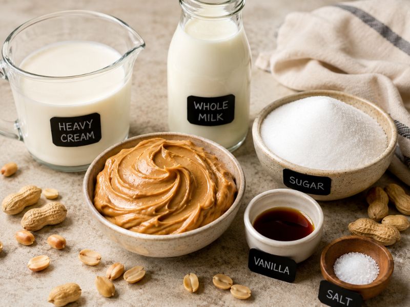 Ingredients for peanut butter ice cream recipe