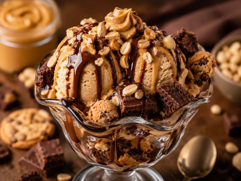 Peanut butter ice cream sundae