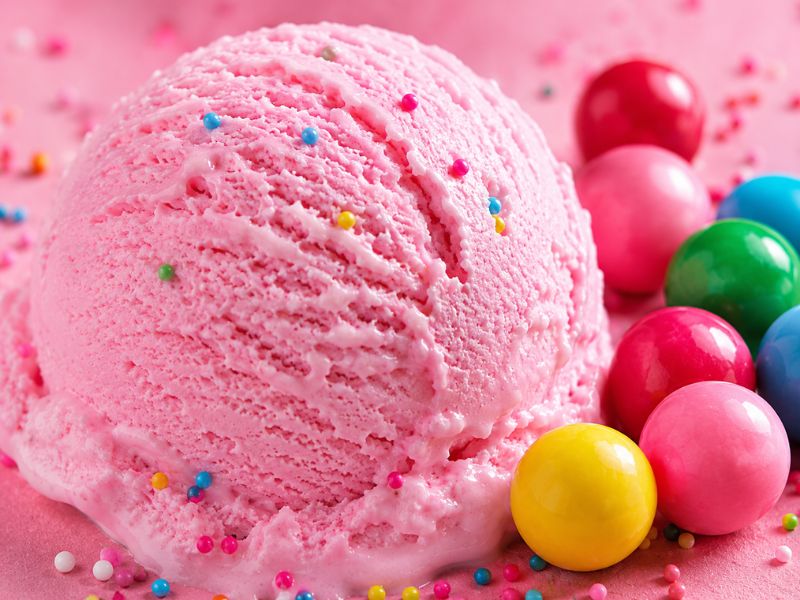 Pink bubble gum ice cream with bubble gum pieces