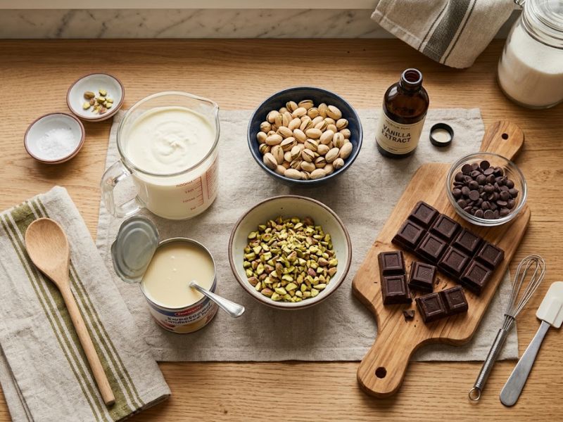 Ingredients for homemade pistachio ice cream with chocolate swirl