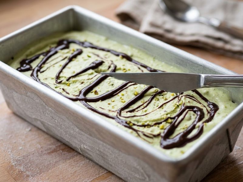 Pistachio ice cream layered with chocolate swirl before freezing
