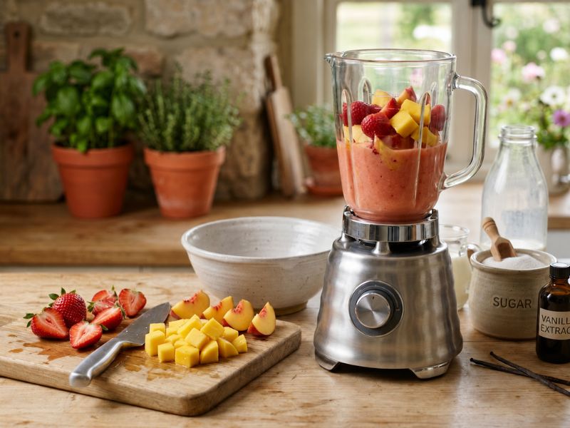 Fresh fruit being prepared for homemade fruit ice cream