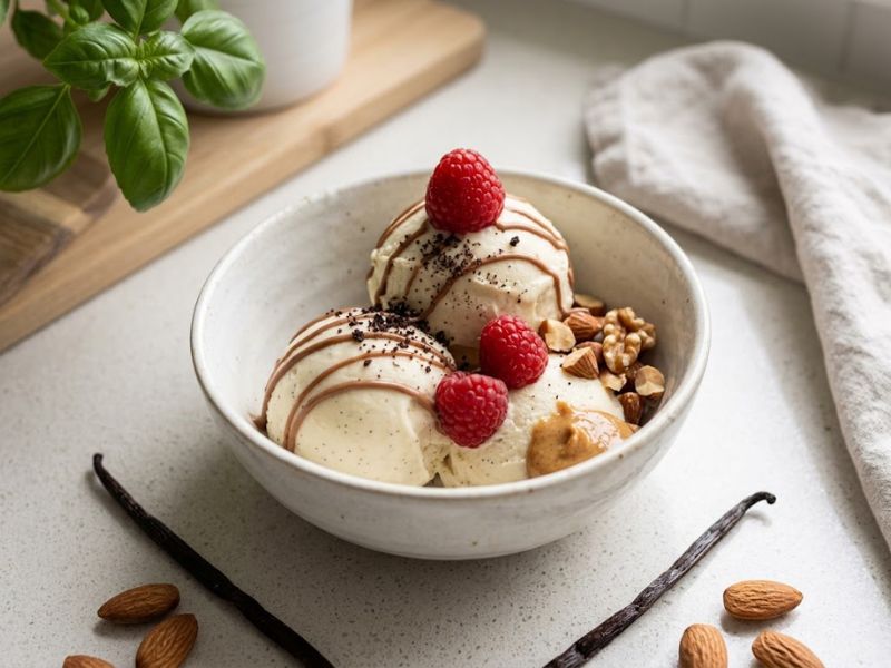 protein ice cream with berries nuts and chocolate drizzle