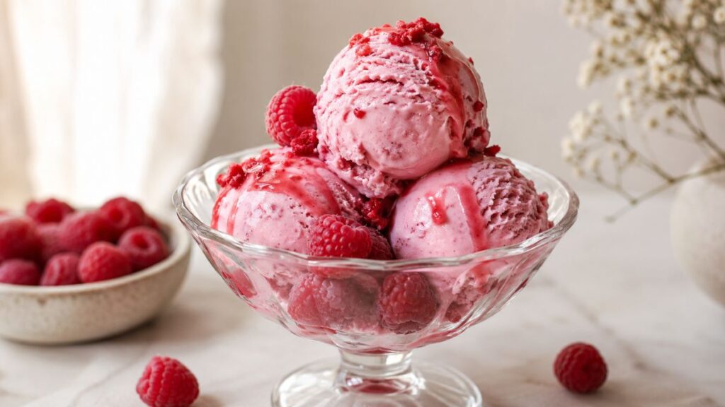 raspberry ice cream scoops with fresh raspberries