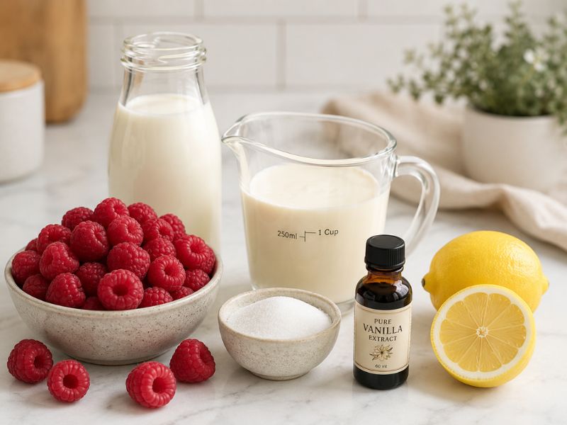 ingredients for homemade raspberry ice cream