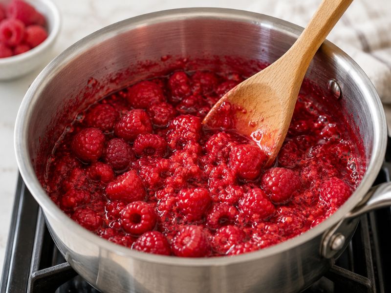 raspberries cooking in saucepan for raspberry ice cream puree