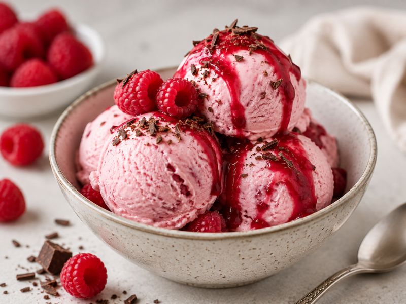 creamy raspberry ice cream served with fresh raspberries