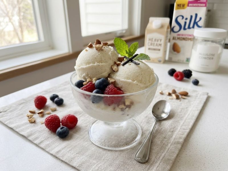 Sugar free ice cream served with berries and nuts