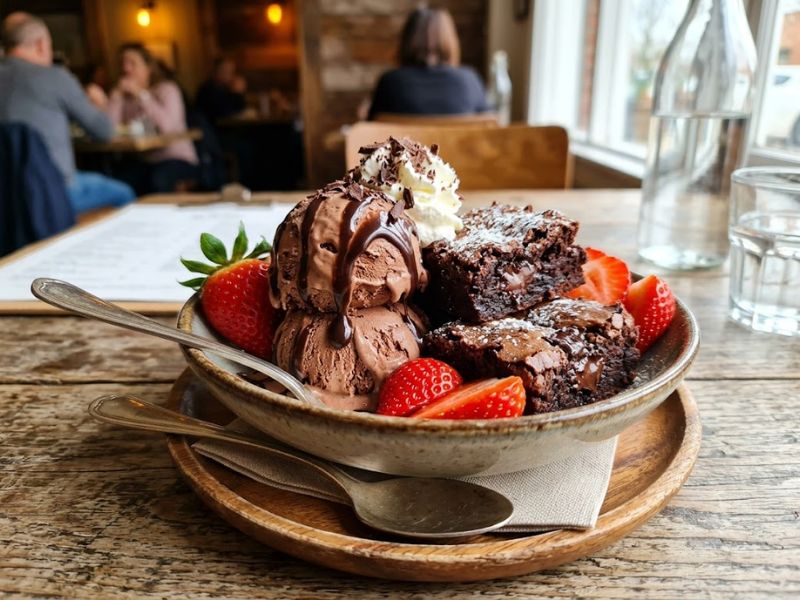 Homemade chocolate ice cream served with brownies and fresh strawberries