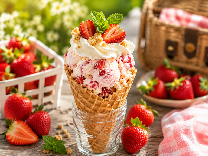Serving strawberry shortcake ice cream with fresh strawberries