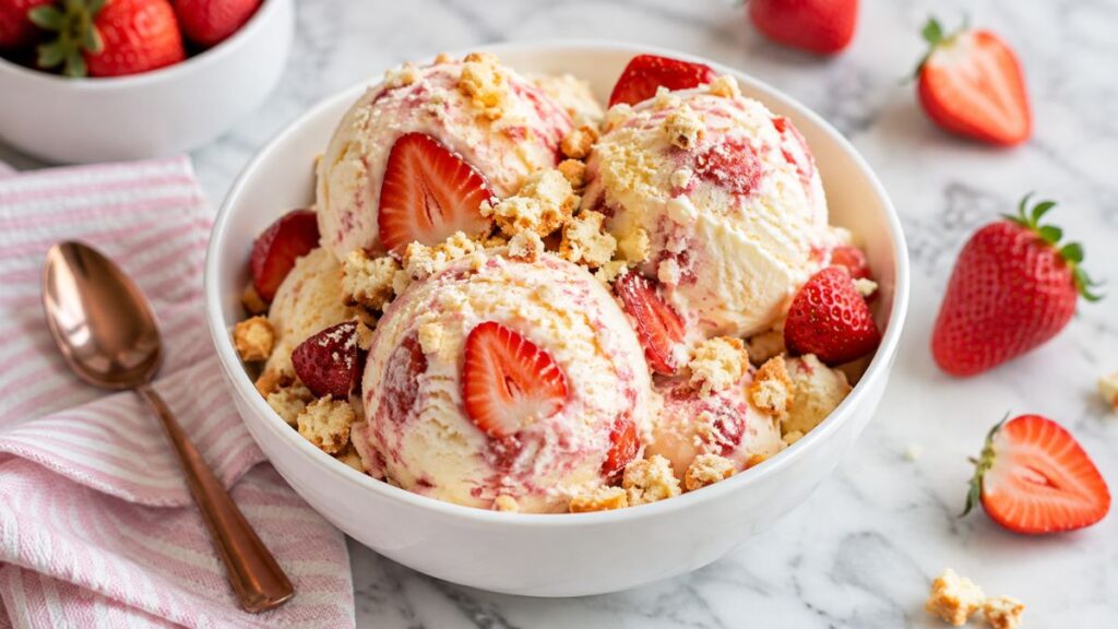 Strawberry shortcake ice cream served with fresh strawberries and crunchy cookie crumbls