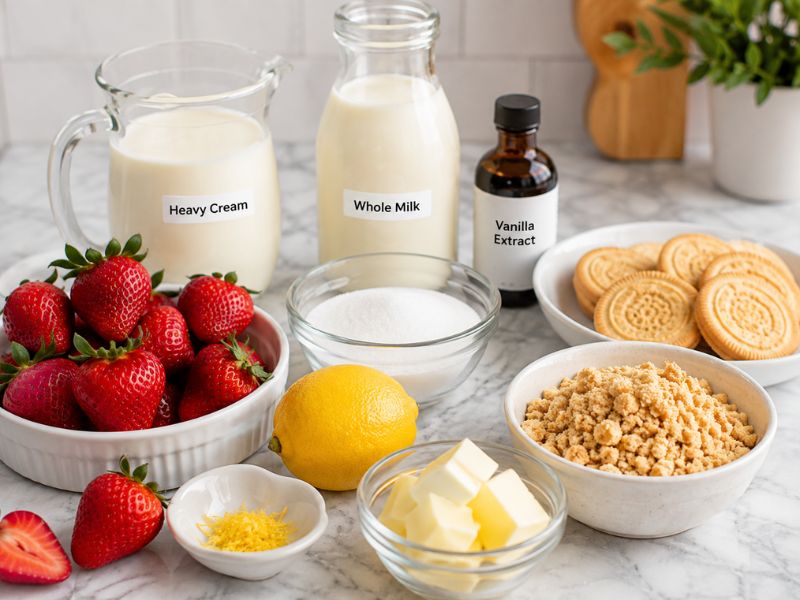 Ingredients for homemade strawberry shortcake ice cream recipe