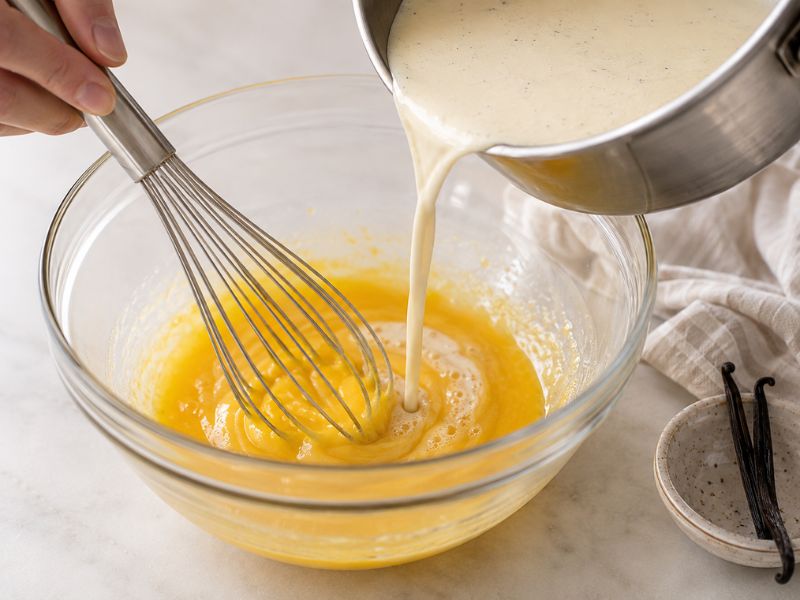 whisking egg yolks with warm cream for vanilla ice cream