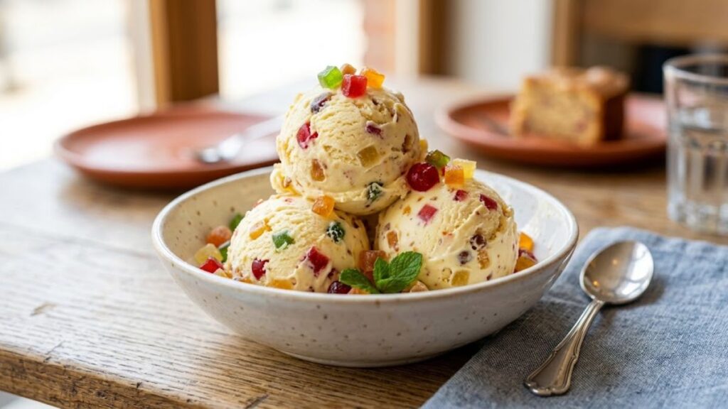 Creamy tutti frutti ice cream with colorful candied fruit