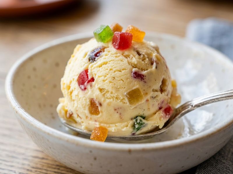Close-up of creamy ice cream with colorful tutti frutti pieces
