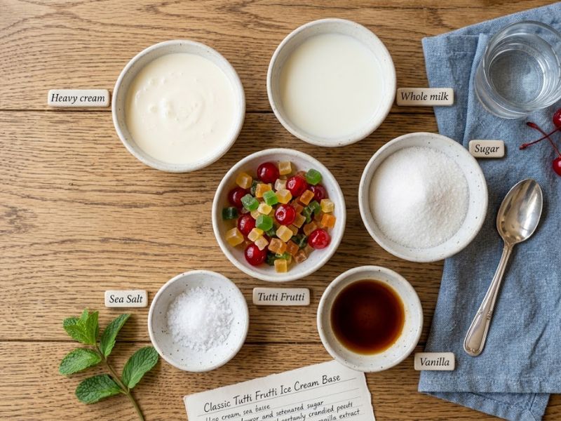 Ingredients for homemade tutti frutti ice cream