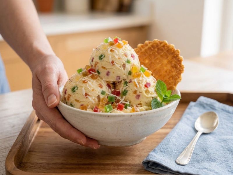 Tutti frutti ice cream scoops served with candied fruit