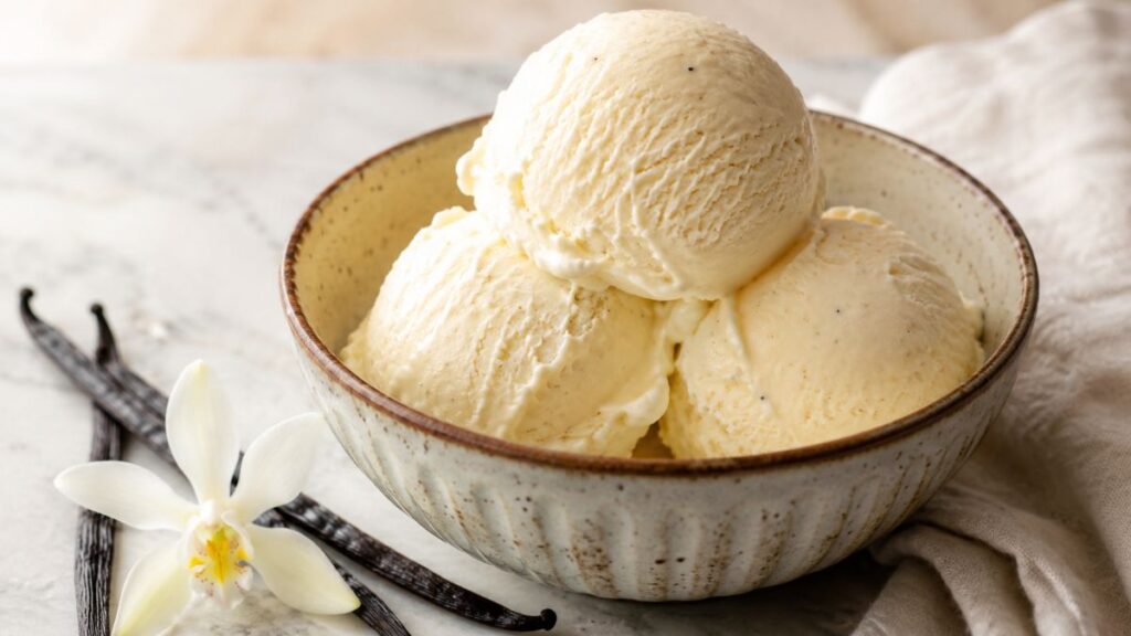 creamy homemade vanilla ice cream in a bowl