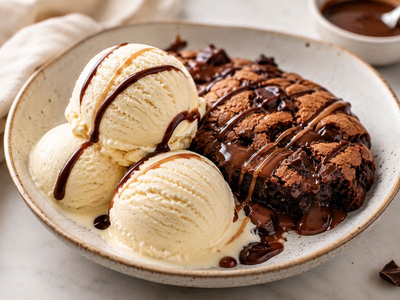 homemade vanilla ice cream served with brownies