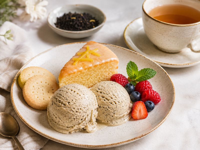 Earl Grey ice cream served with shortbread and berries