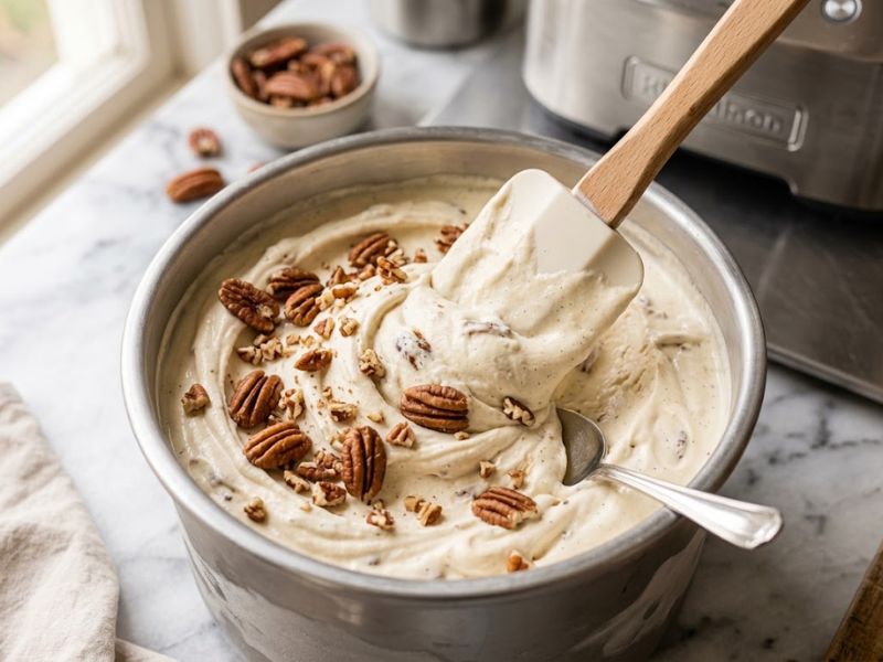 adding toasted pecans to homemade ice cream