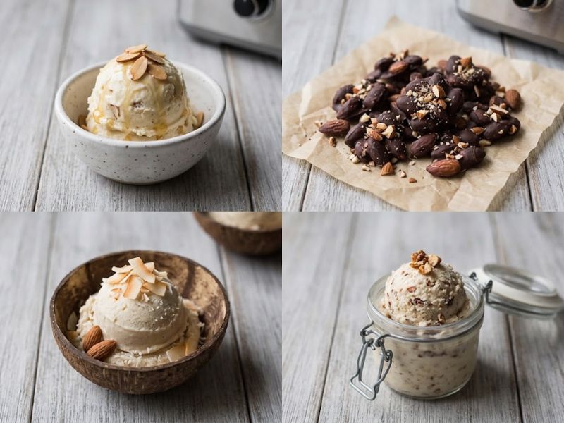 Different almond ice cream flavor variations including honey roasted and chocolate dipped