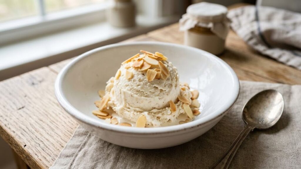 Creamy almond ice cream topped with roasted almond flakes in a bowl