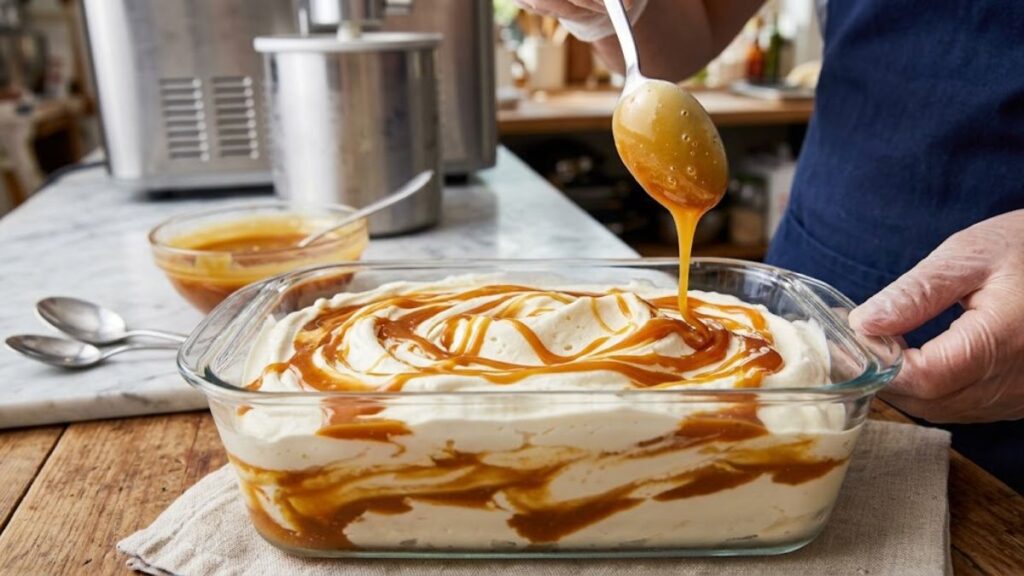 Butterscotch ice cream with toffee pieces and butterscotch sauc