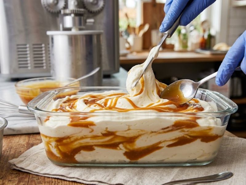 Butterscotch sauce swirled through freshly churned ice cream
