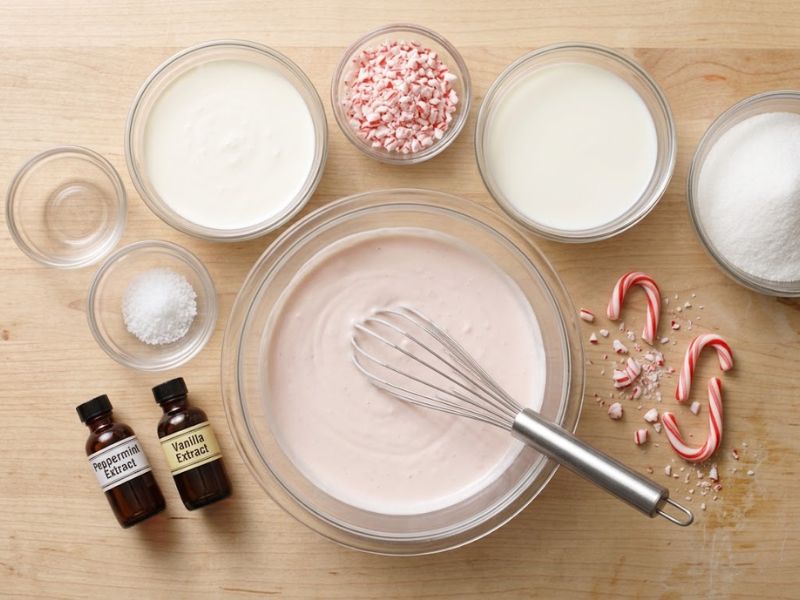 Peppermint ice cream base being prepared for Candy Cane Ice Cream