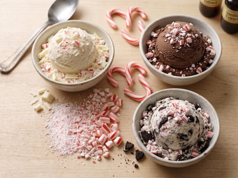 Candy Cane Ice Cream variations with chocolate and cookies
