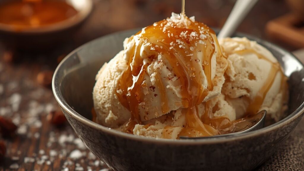 homemade caramel ice cream with caramel drizzle