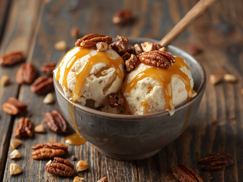 caramel ice cream served with toasted pecans