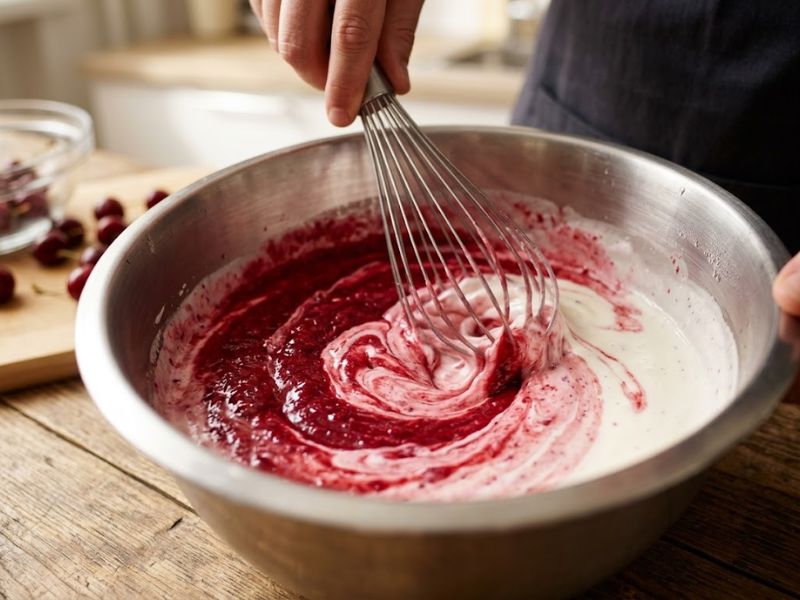 Cherry puree mixed into a creamy gelato base