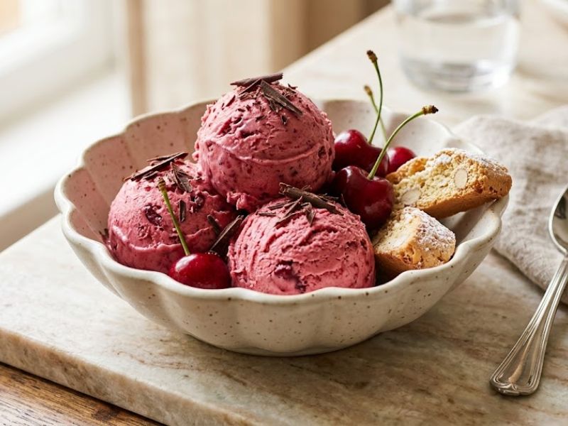 Cherry gelato served with fresh cherries and chocolate