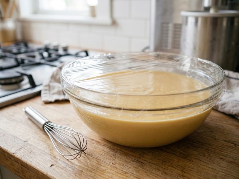 Chilled butterscotch ice cream custard base ready for churning