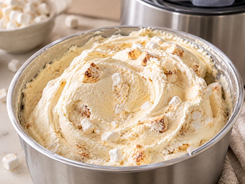Freshly churned marshmallow ice cream with marshmallow pieces