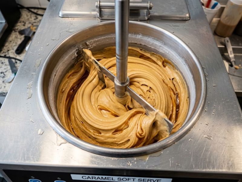 churning caramel ice cream in ice cream maker