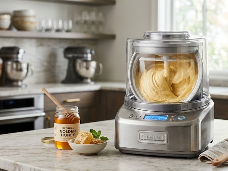 Honey ice cream base churning in an ice cream maker