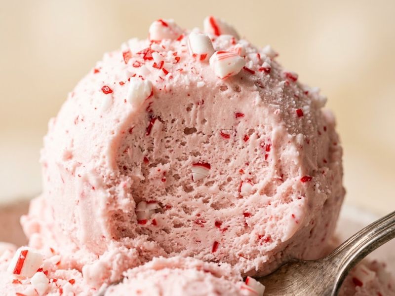 Creamy Candy Cane Ice Cream with peppermint pieces