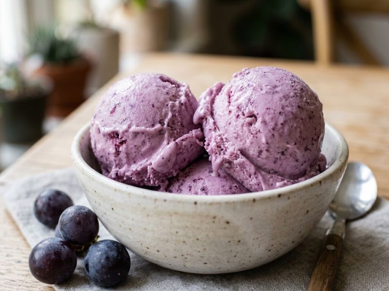 creamy grape ice cream with fresh grapes